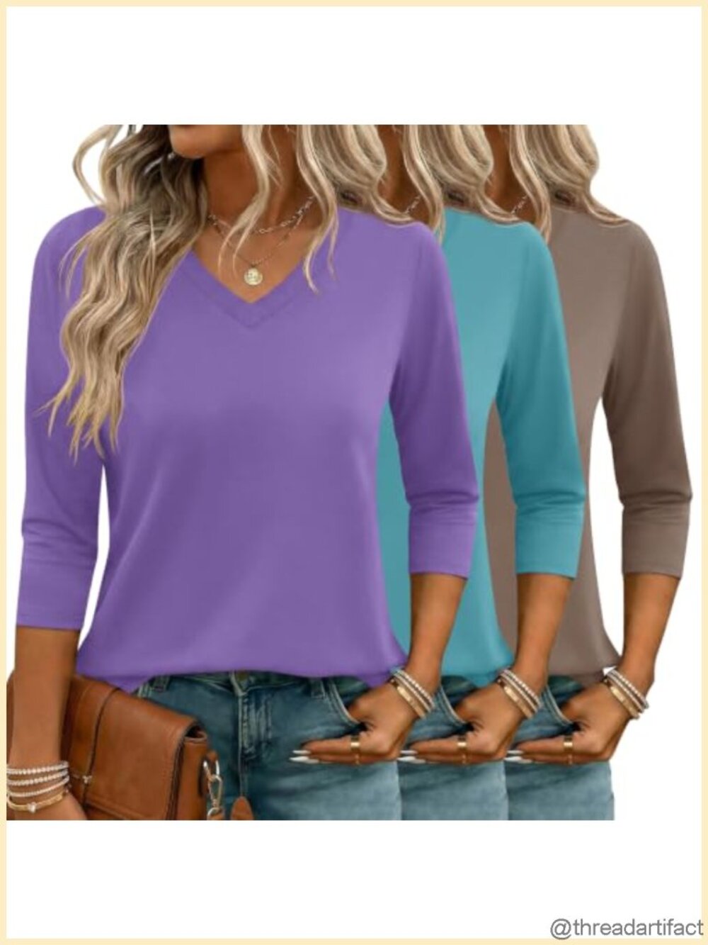 Women's 3 Pack 3/4 Sleeve V Neck Tops Curved Hem Casual Summer Tees